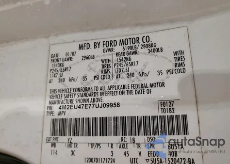 2007 Mercury Mountaineer Luxury from USA, damaged, VIN 4M2EU47E77UJ09958